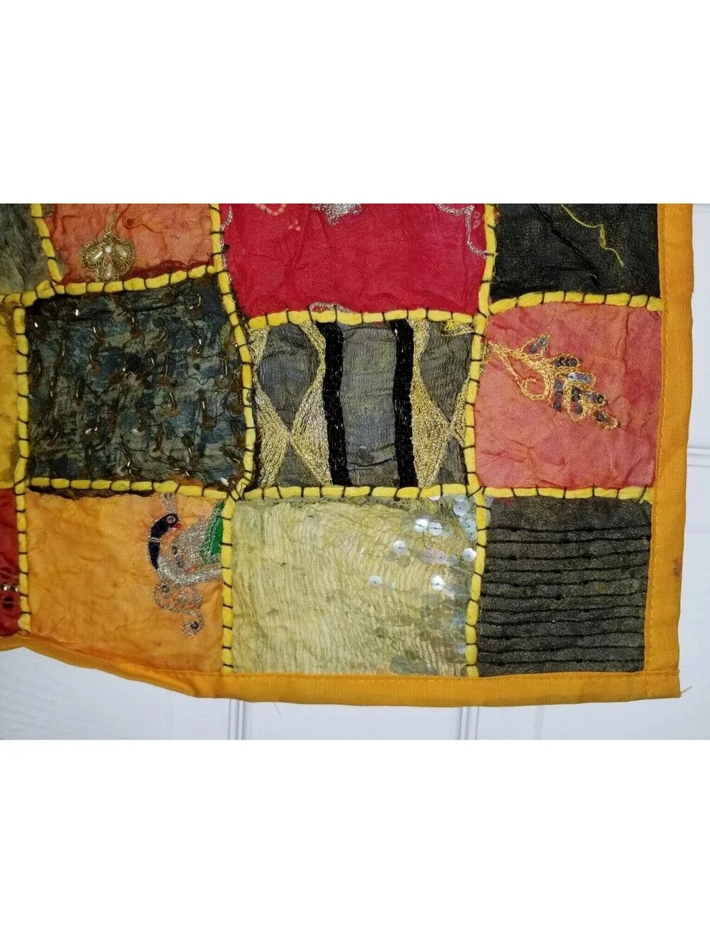 HAND BEADED EMBELLISHED INDIA WALL ART TAPESTRY PATCHWORK SQUARE 16